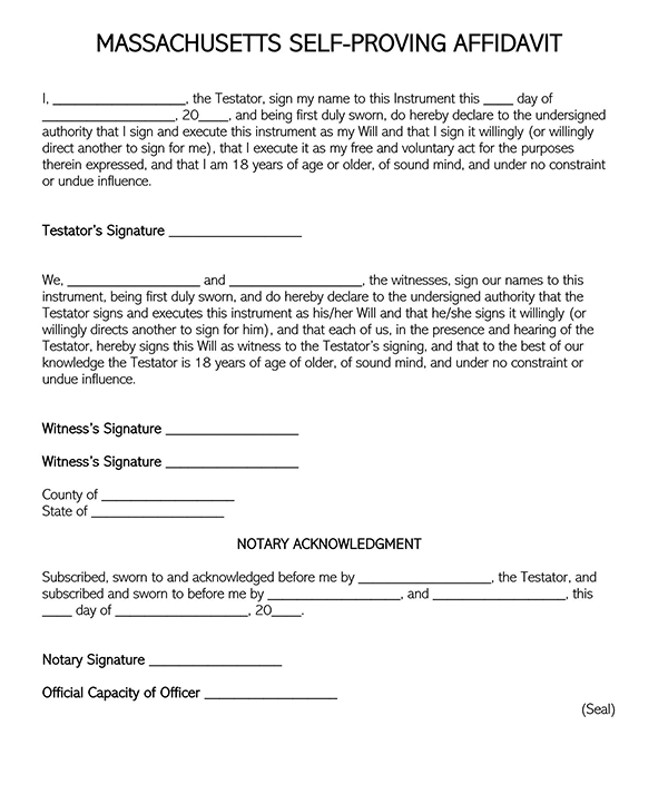Self-Proving Affidavit Form - Free Example for Massachusetts (PDF)