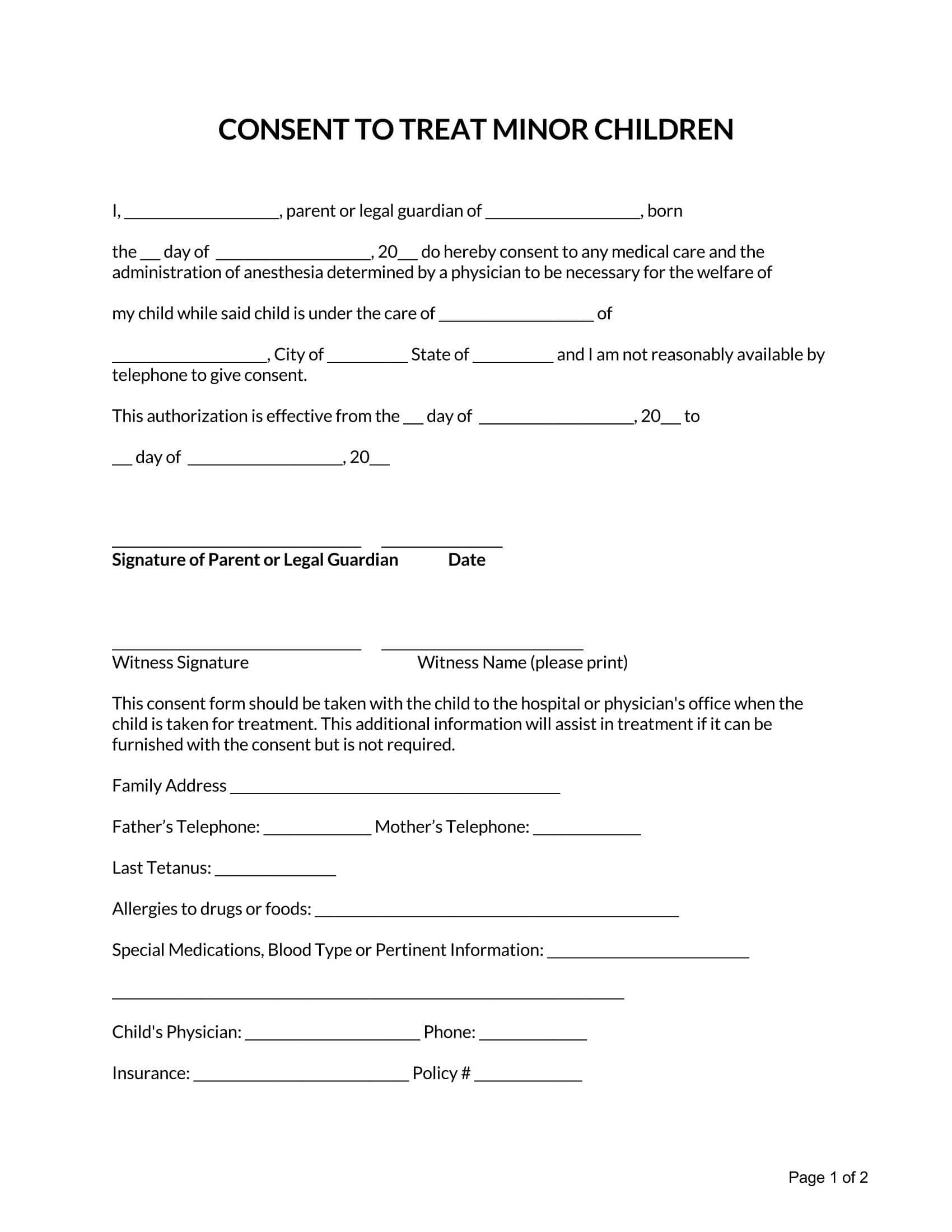 Printable Child Medical Consent Form for Word