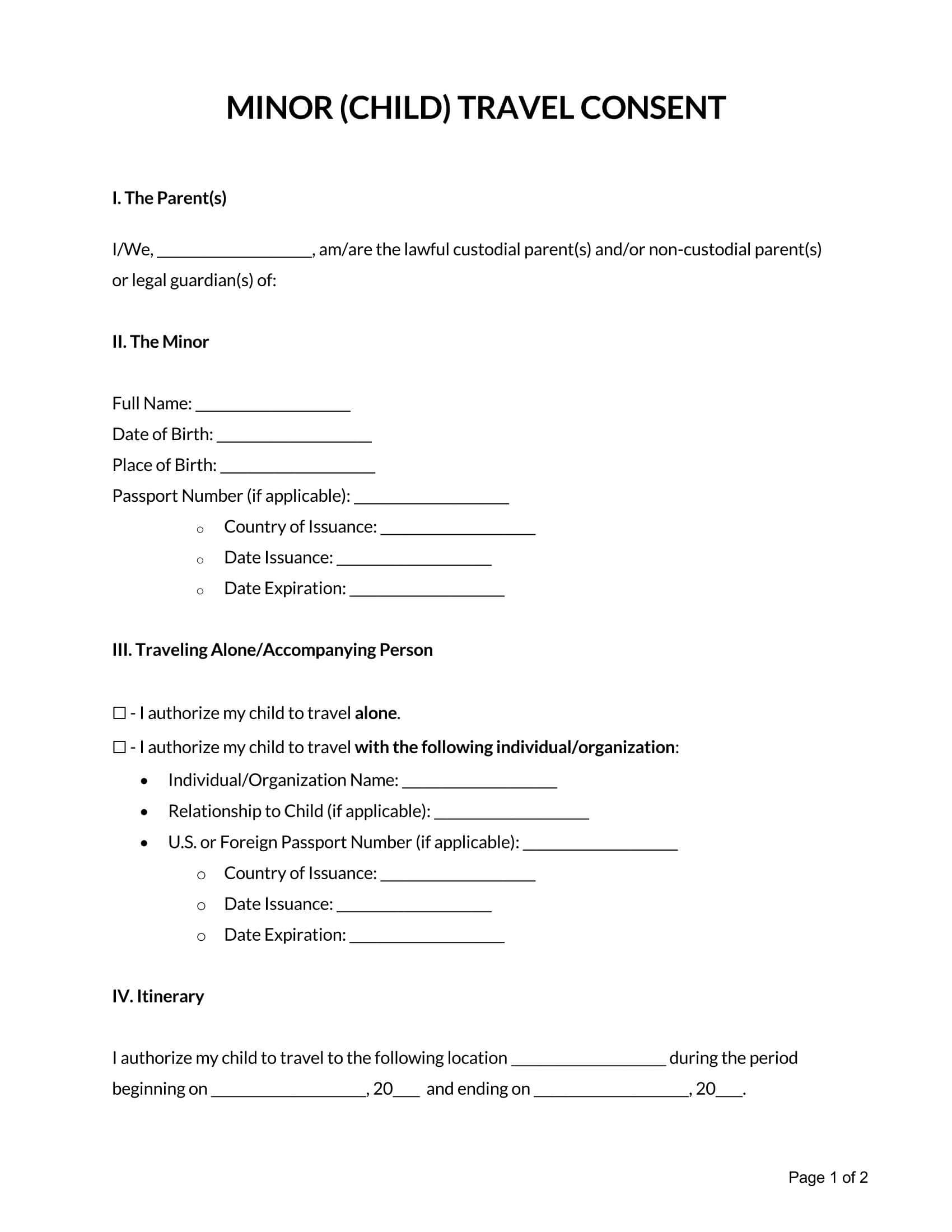 free Minor Child Travel Consent Form template