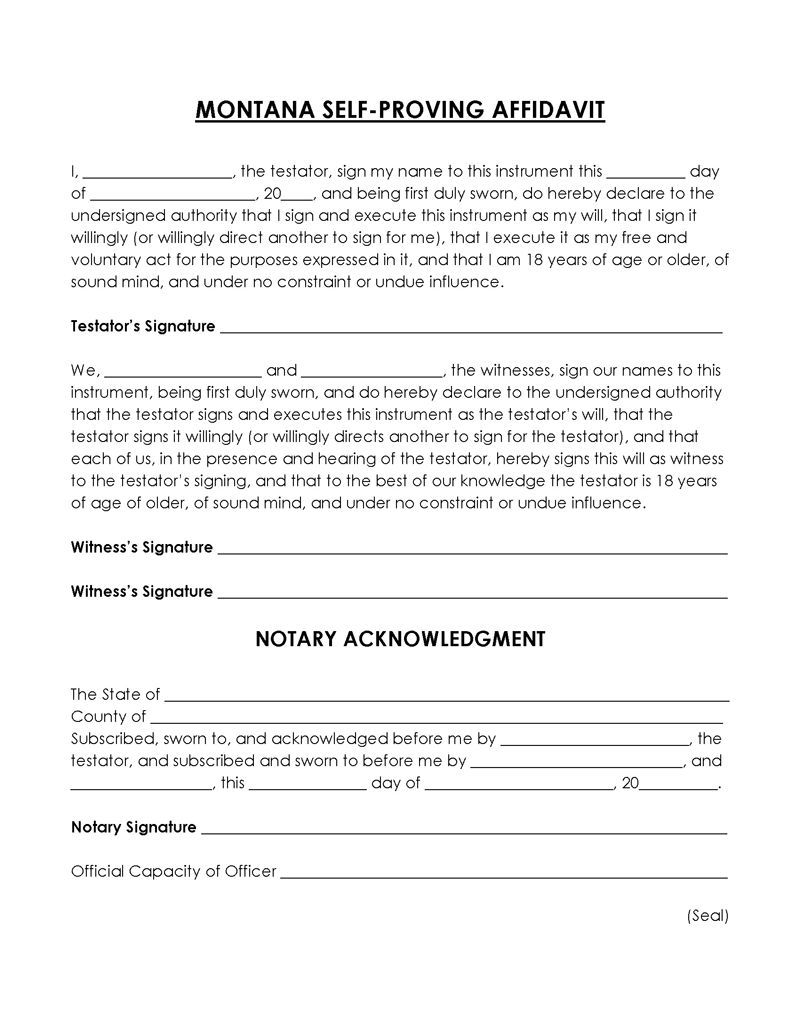 Printable Montana Self-Proving Affidavit Form for Word File