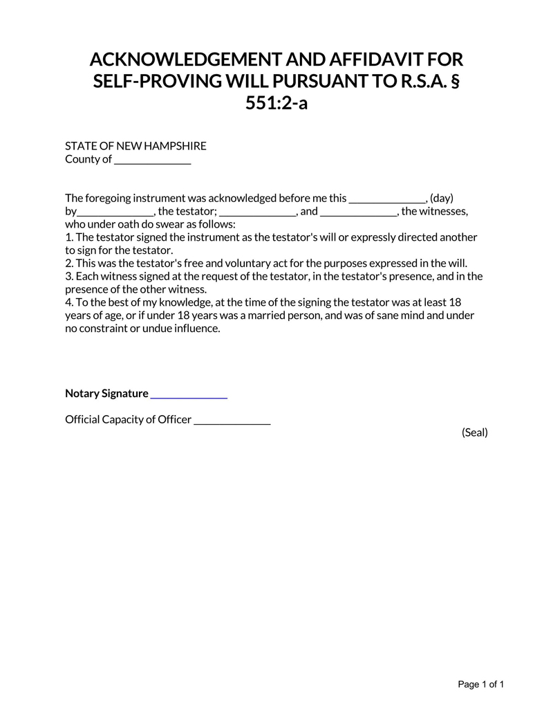 Self-Proving Affidavit Form - Free Example for New Hampshire (Printable)