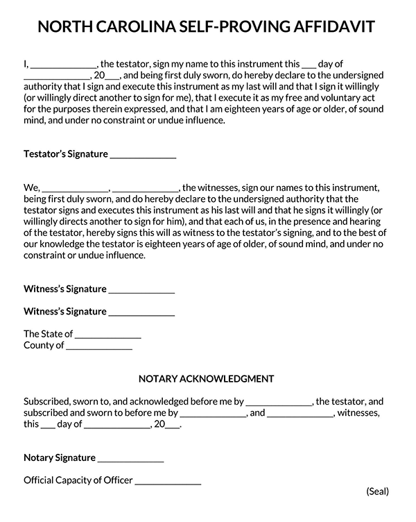 Self-Proving Affidavit Form - Free Example for North Carolina (Printable)