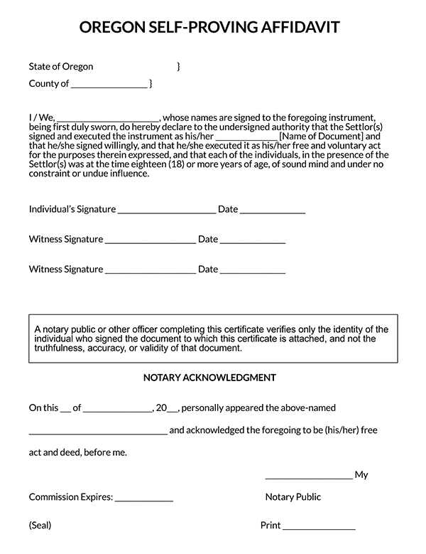 Self-Proving Affidavit Form - Free Example for Oregon (Printable)