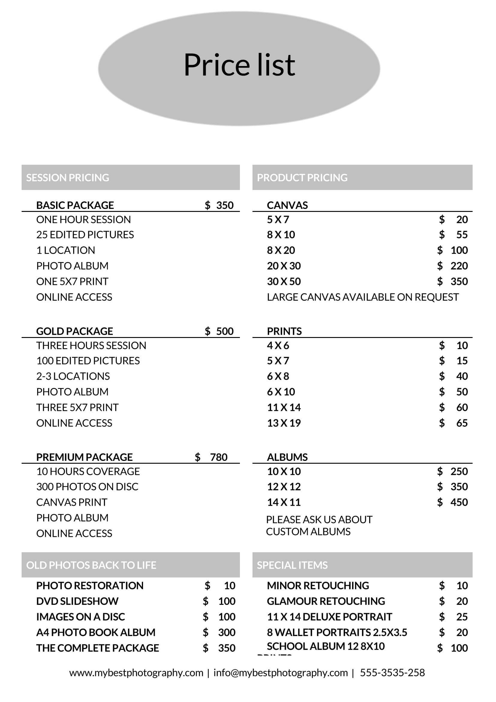 Photography Price List Template