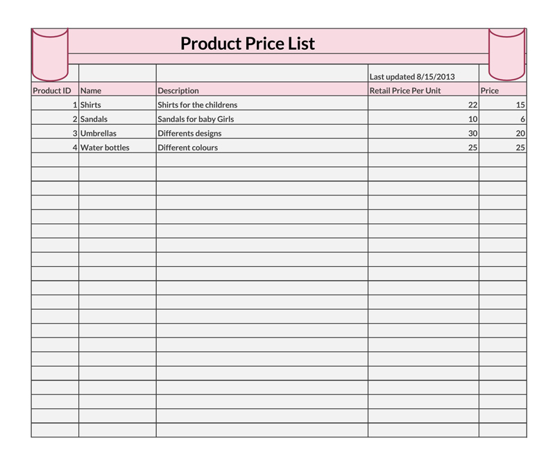 Sample price list template for products/services