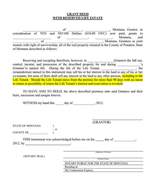 Printable Grant Deed Form with Reserved Life Estate in Pdf Format
