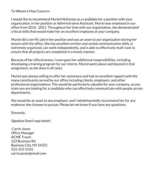 professional reference letter for university