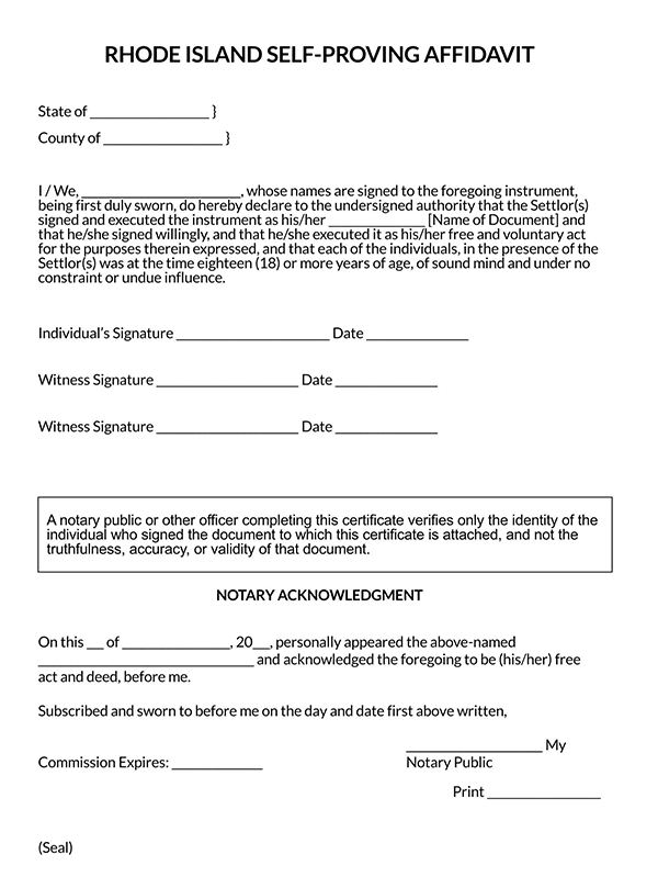 Self-Proving Affidavit Form - Free Example for Rhode Island (Editable)