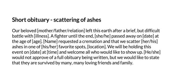 Short Obituary Scattering of Ashes - Downloadable Template