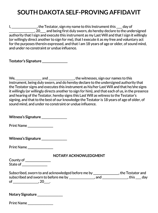 Self-Proving Affidavit Form - Free Example for South Dakota (PDF)
