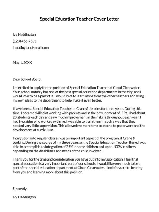 cover letter for aspiring teachers