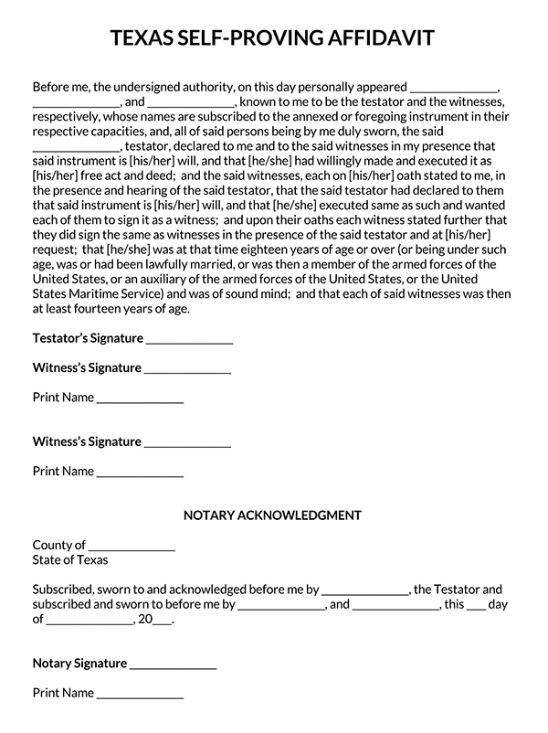 Self-Proving Affidavit Form - Free Example for Texas (Editable)