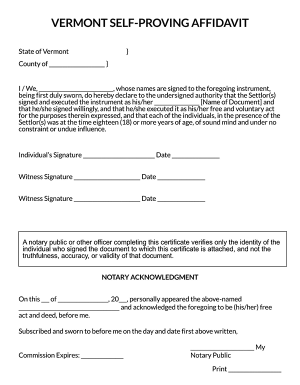 Self-Proving Affidavit Form - Free Example for Vermont (PDF)