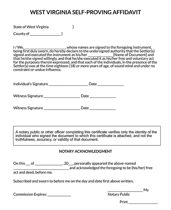 Editable Self-Proving Affidavit Template - Free Sample for West Virginia (Printable)