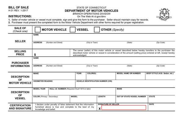 Free Connecticut Vehicle/Vessel Bill of Sale | Form H-31 Template