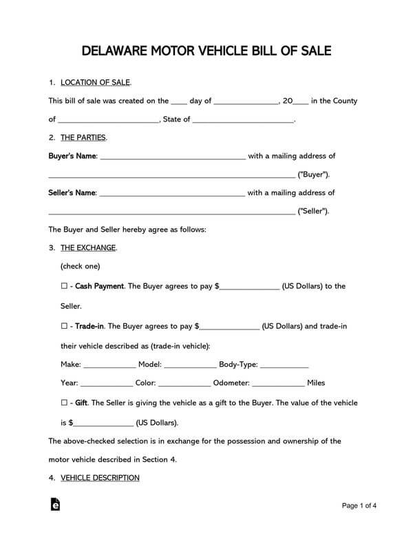 Editable Delaware Motor Vehicle Bill of Sale Form 01 for Word