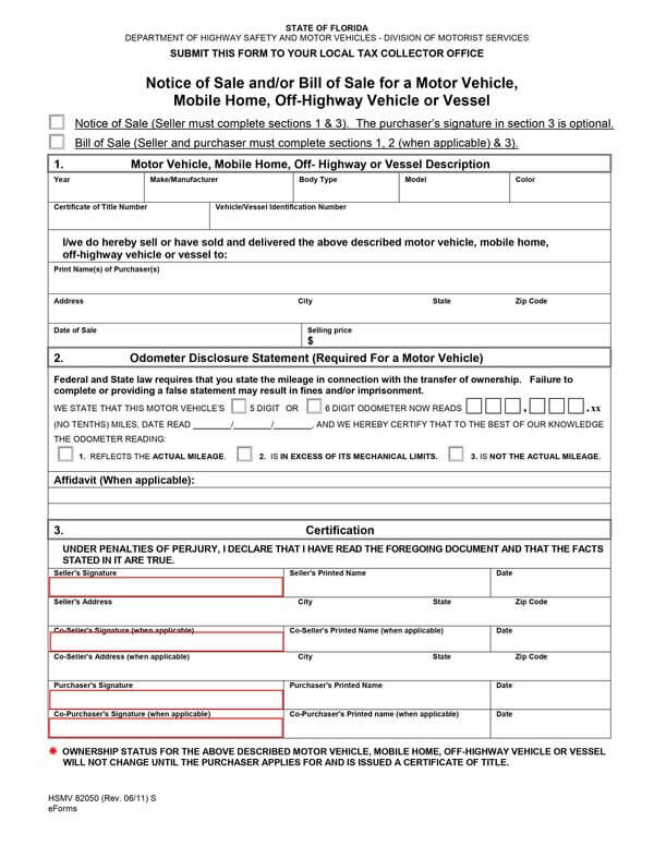 Free Florida Car/Boat Bill of Sale Form (HSMV 8205001) 01 for PDF
