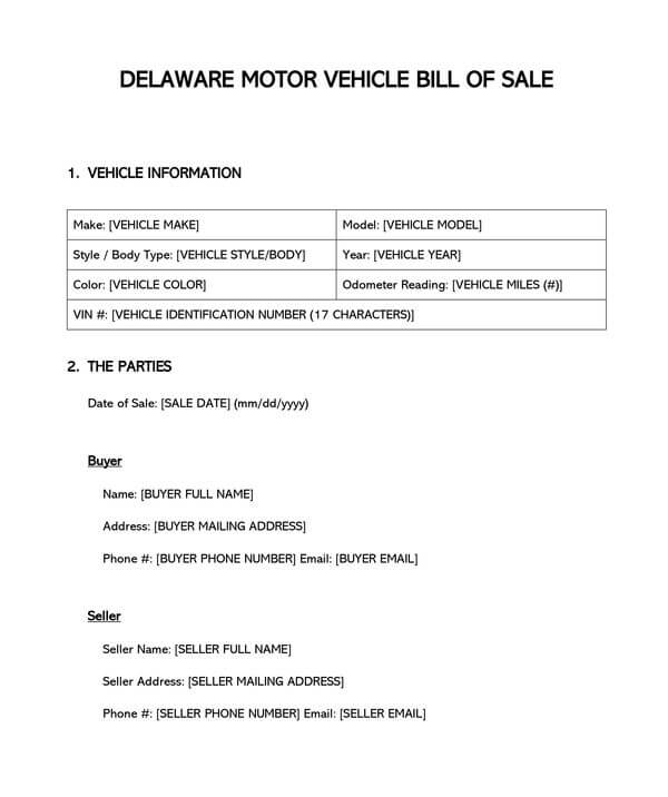Free Delaware Motor Vehicle Bill of Sale Form 02 for Word