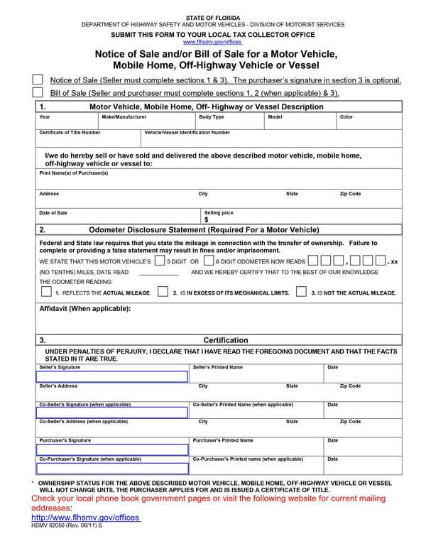 Editable Florida Car/Boat Bill of Sale Form (HSMV 8205001) 02 for PDF