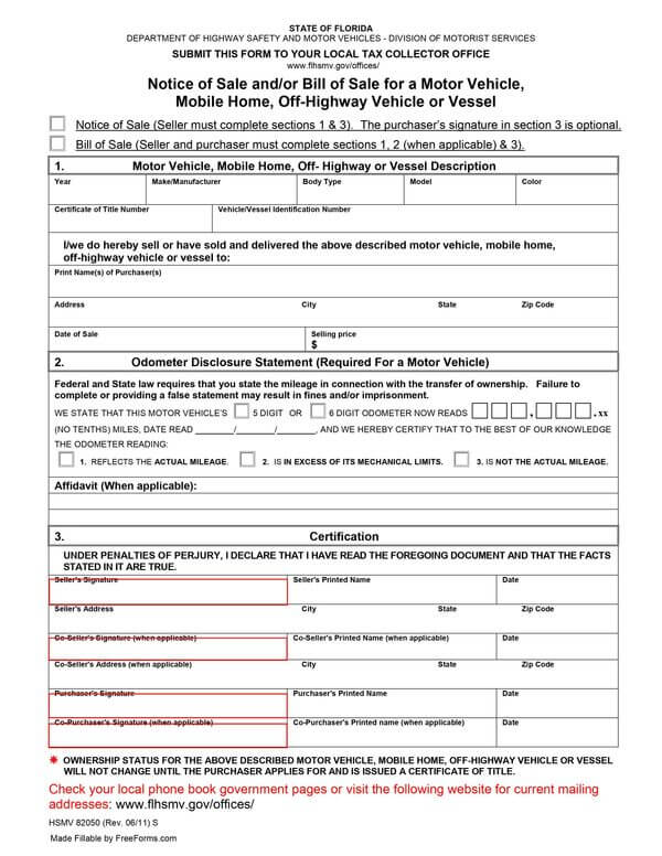 Printable Florida Car/Boat Bill of Sale Form (HSMV 8205001) 03 for PDF