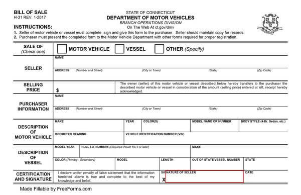 Free Editable Connecticut Vehicle/Vessel Bill of Sale | Form H-31 Template