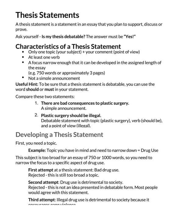 Professional Printable Thesis Statement Template 19 as Word Document