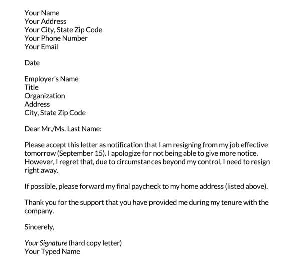 24 Hours’ Notice Resignation Letter Example