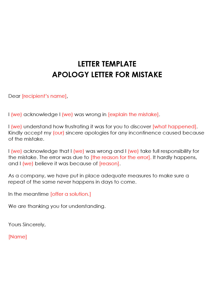 Professional Downloadable Mistaken Cause Apology Letter Example for Word Document