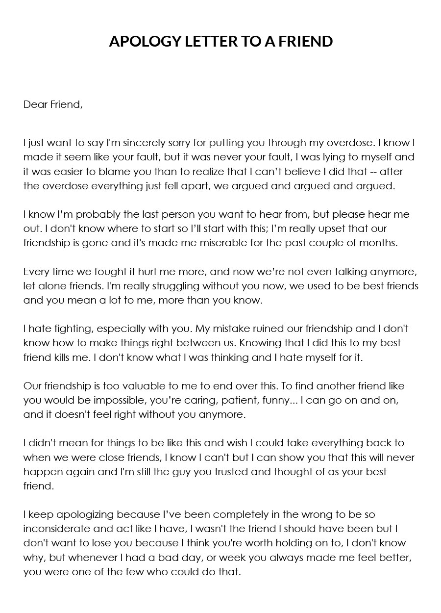 Free Apology Letter for a Friend Template