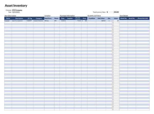 Editable asset tracking inventory spreadsheet template