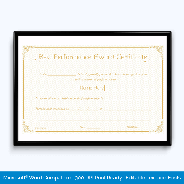 Free Best Performance Award Certificate Template 01 for Word