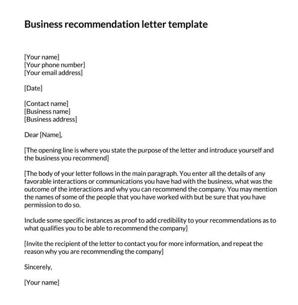 Printable Recommendation Letter for Business 02 for Word