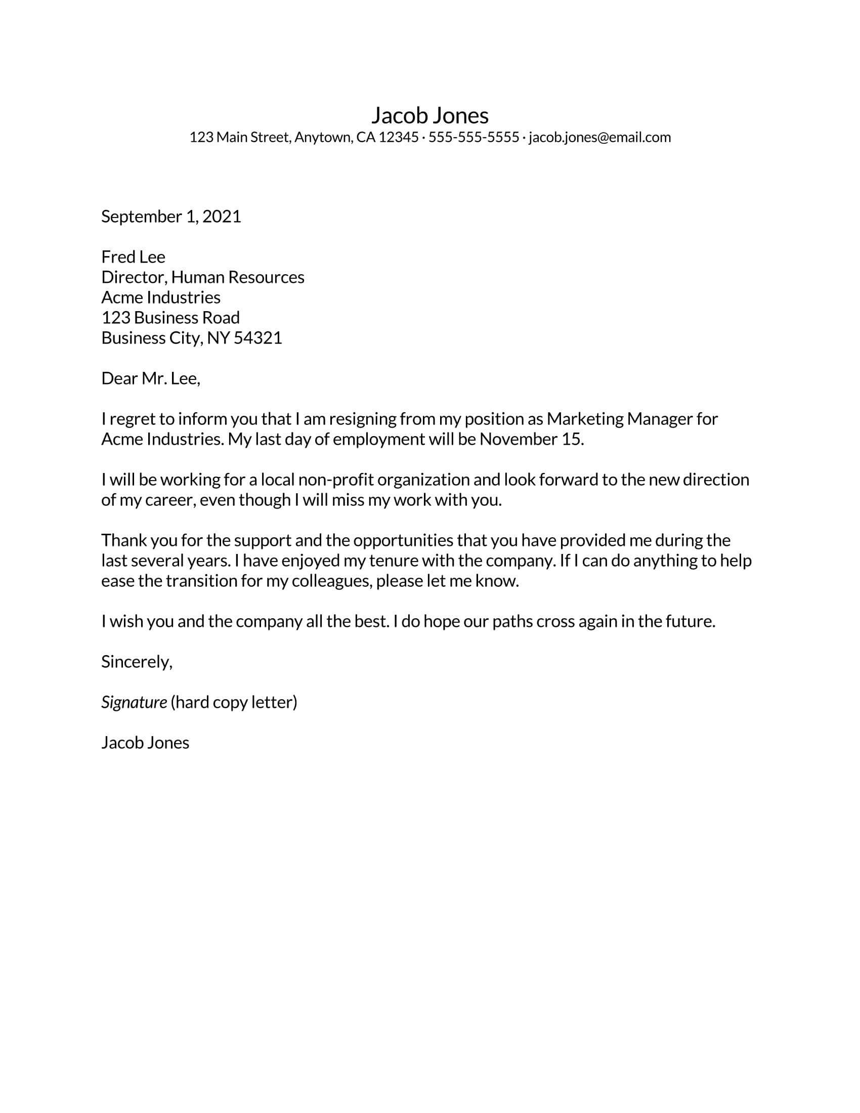 Career Change Letter of Resignation Example