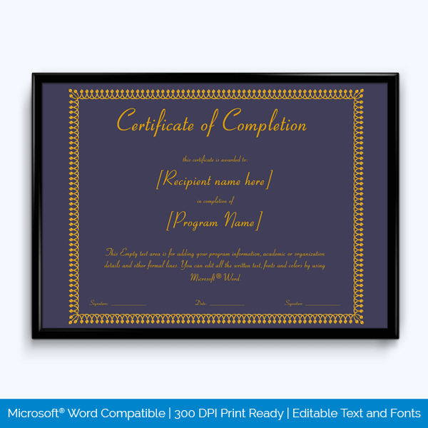 Word format completion award certificate template form