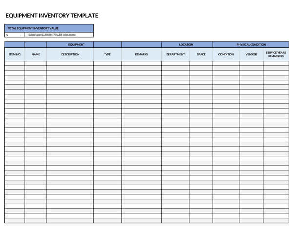 Editable equipment inventory spreadsheet sample for download