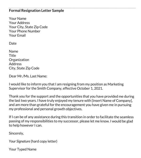 Formal Resignation Letter template