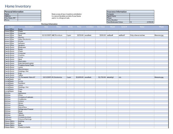 Printable home inventory spreadsheet template
