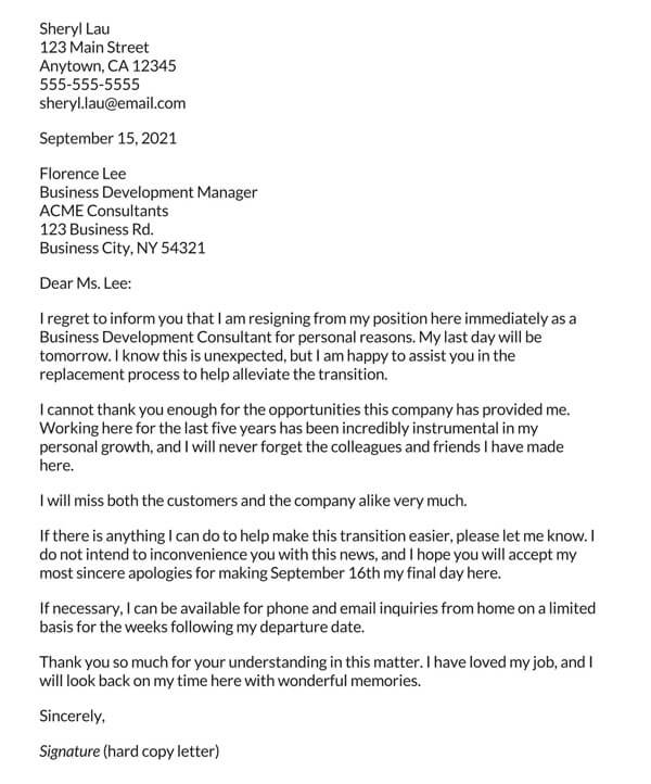 Printable 24 Hours’ Notice Resignation Letter for Word