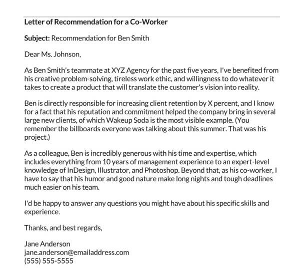 Example of a Letter of Recommendation for Coworker