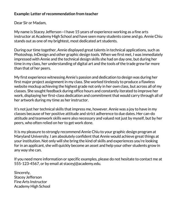 Free Letter of Recommendation Template from Teacher