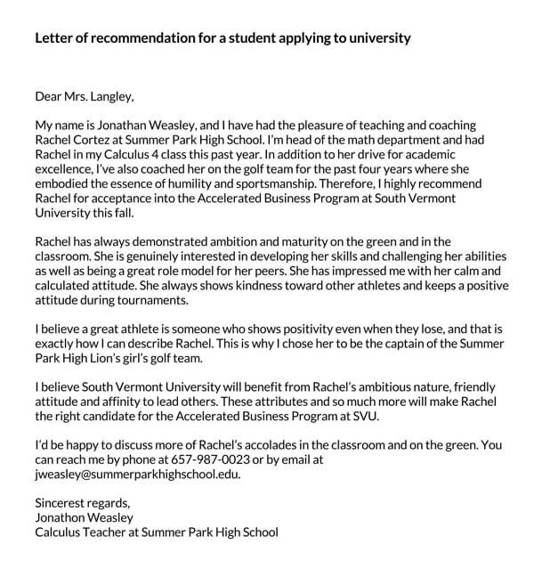 Editable Letter of Recommendation for student admission - PDF