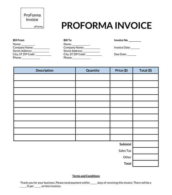 Free editable proforma invoice template