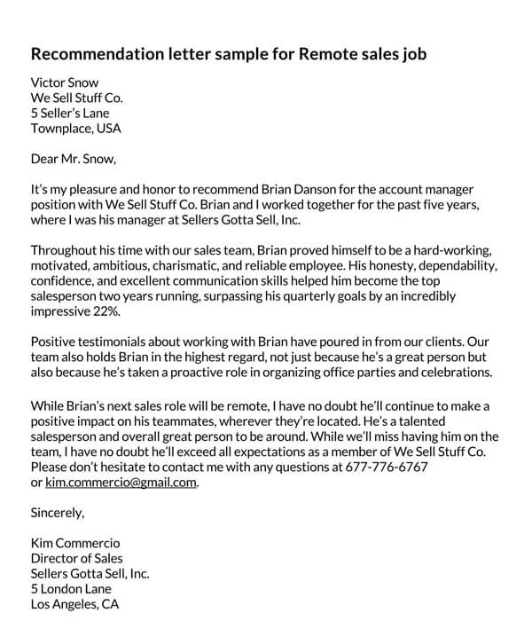 Printable Letter of Recommendation Template for Sales Job