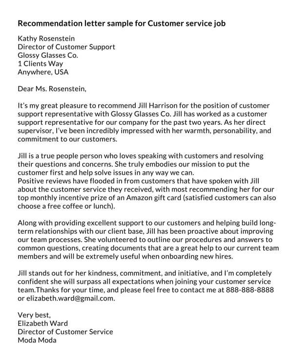 Free Recommendation Letter for Customer Service Job for Word