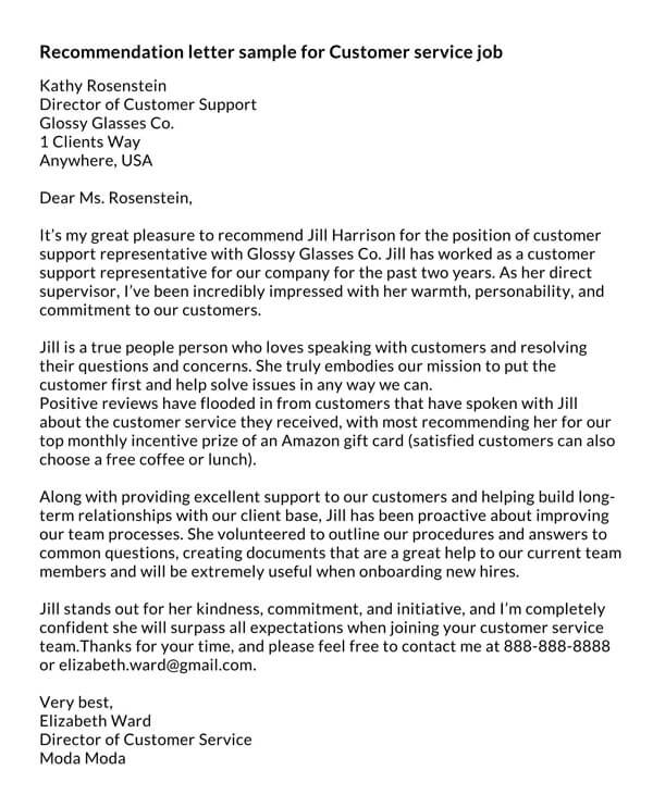 Free Recommendation Letter for Customer Service Job for Word