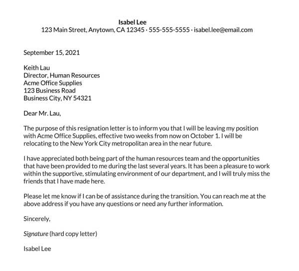 Printable Relocation Resignation Letter