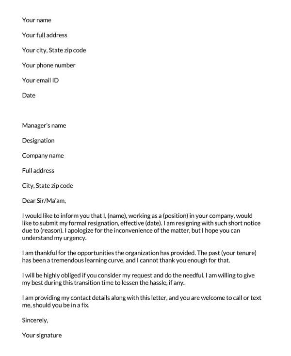 Free short-notice resignation letter template Word
