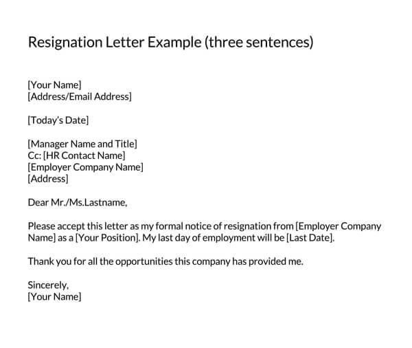 Printable Simple Resignation Letter Example