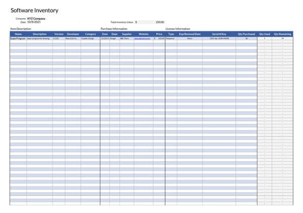 Sample software inventory spreadsheet template