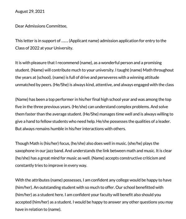 Free student recommendation letter for college template